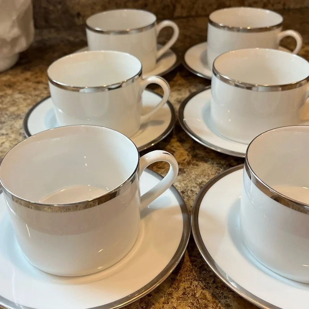 Pier 1 Monno Bangladesh Elegant White and Silver Tea Cups and Saucers Set of 6